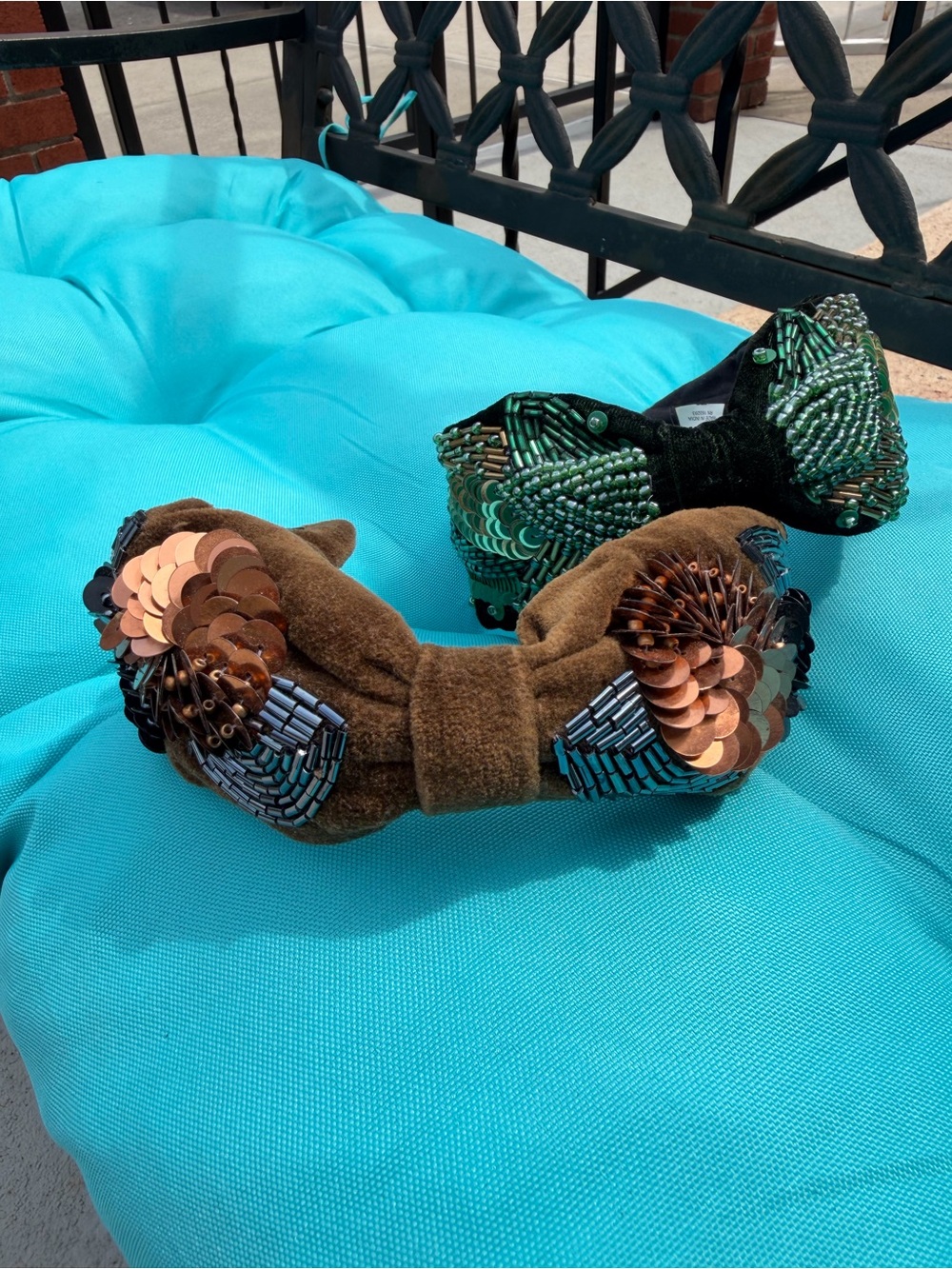 Alexis Bittar Brown Beaded Velvet Knot Headband with Copper and Blue Sequins